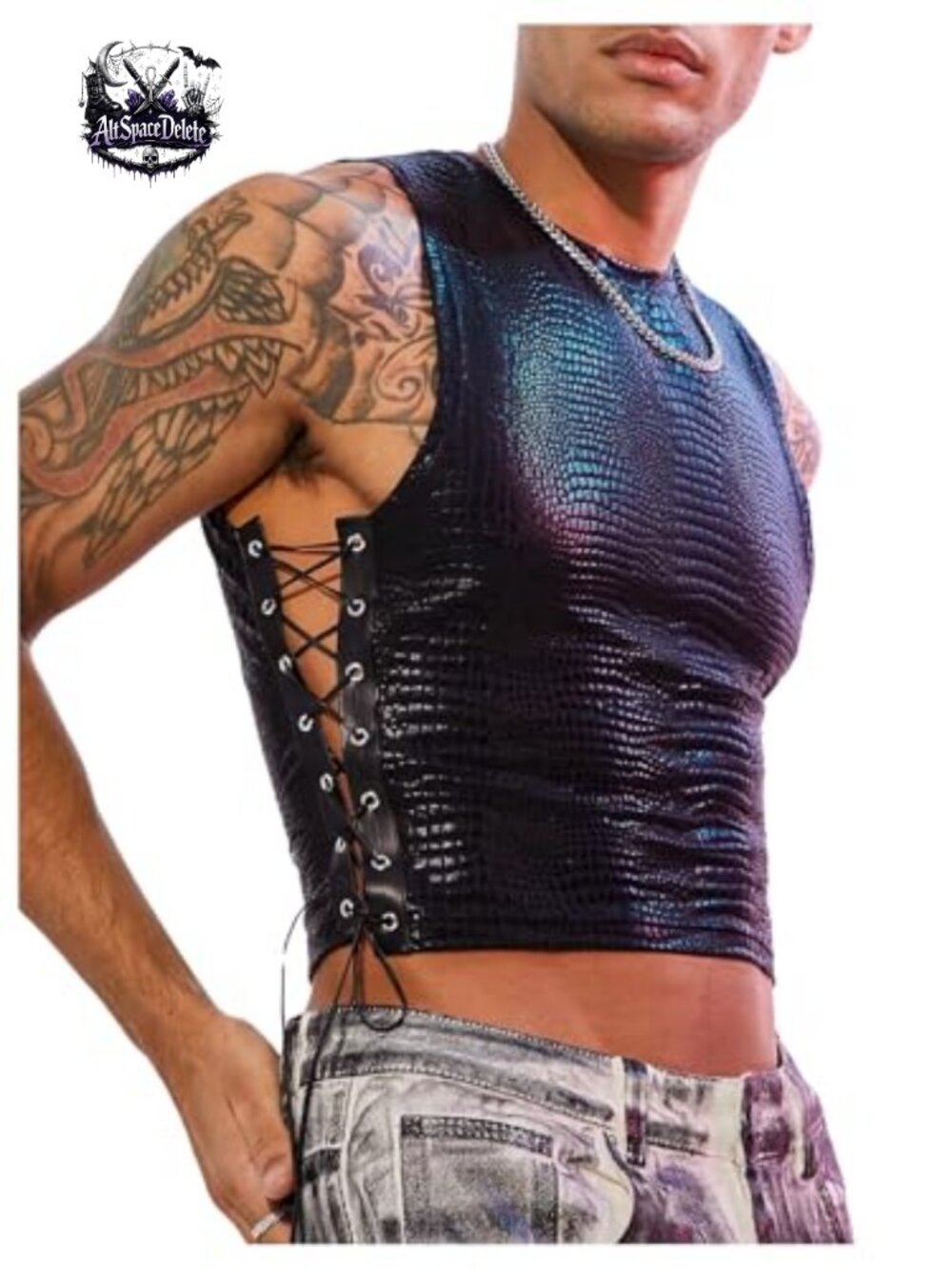 Men's PU Leather Lace Up Cropped Tank Top Mesh Punk Vest